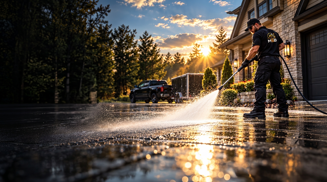 Illustrative MultiServiceBros pressure washing scene at sunset